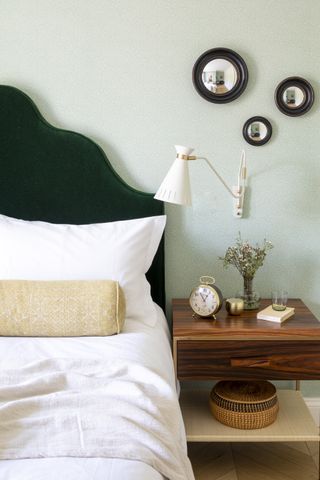 green guest bedroom and headboard by Kitesgrove