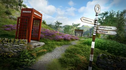A lush green field with signposts to nearby villages and a red telephone box in Atomfall