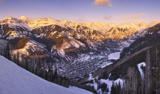 An aerial view of Telluride, Colorado, at sunset