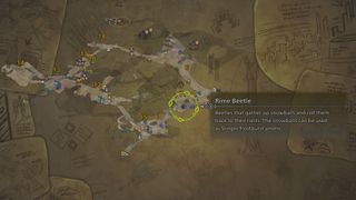 Monster Hunter Wilds Rime Beetle location - A map view of the Iceshard Cliffs highlighting a Rime Bettle.