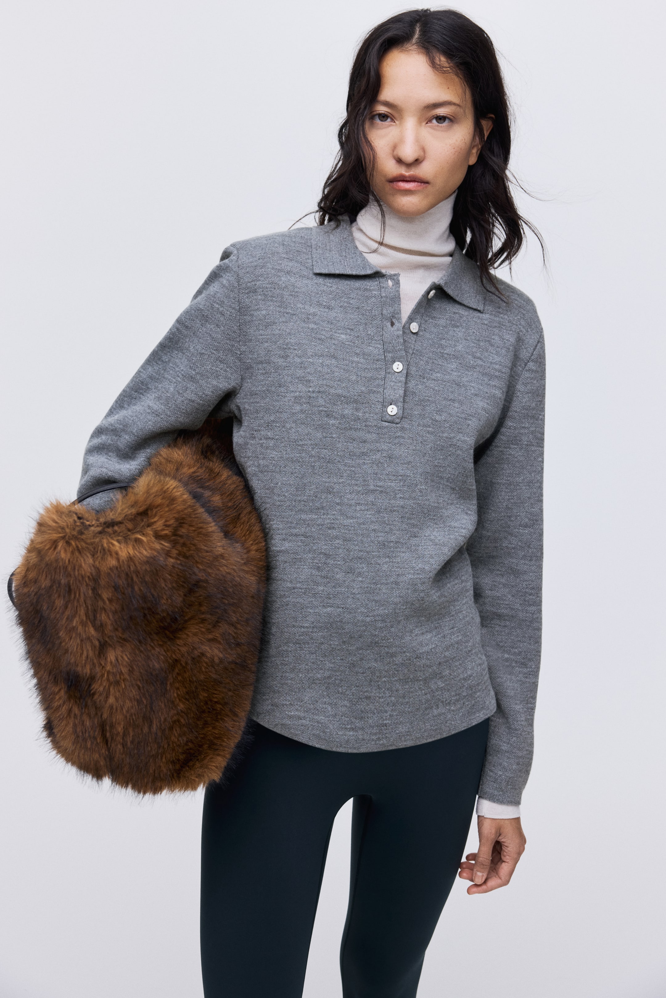 Shoulder-Pad Polo Sweater - Gray Melange