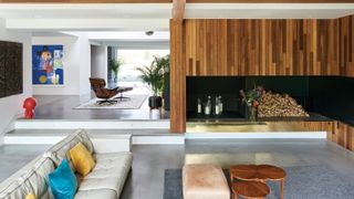 contemporary timber cladding on modern fireplace