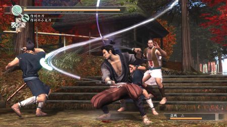 Wind flows as Miyamoto Musashi battles enemies near a shrine in Yakuza: Kenzan
