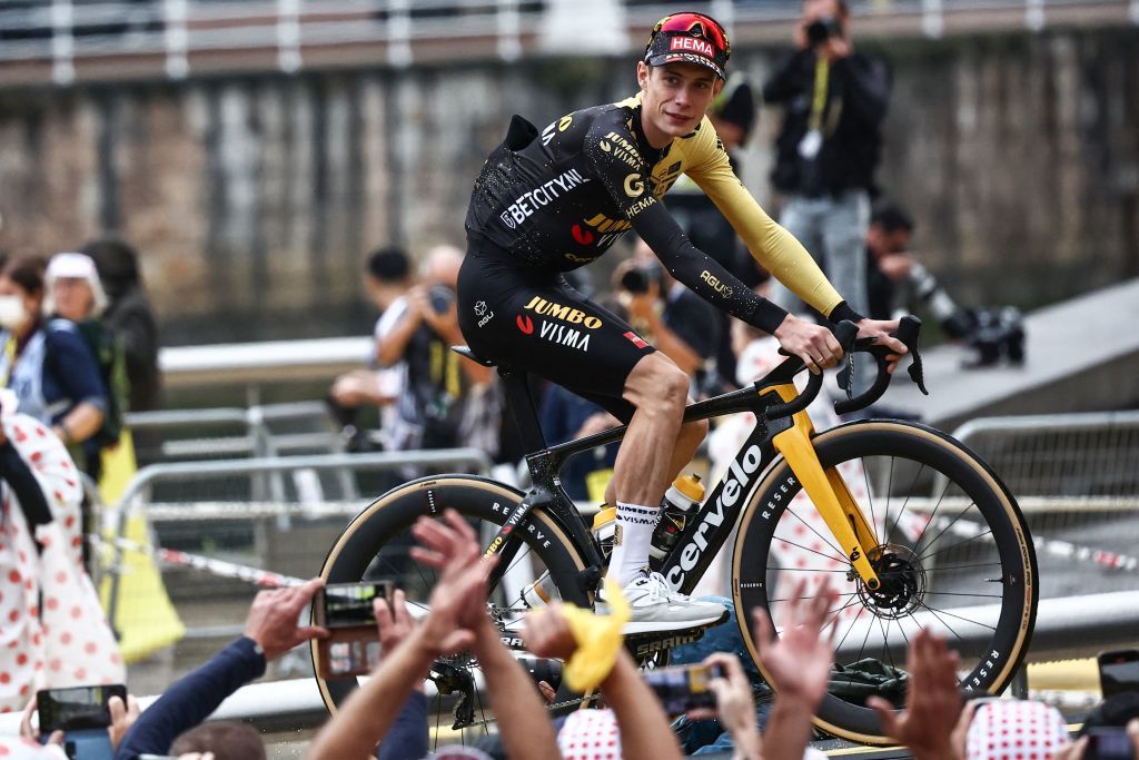 JumboVismas Danish rider Jonas Vingegaard cycles to the stage during the official teams presentation near the Guggenheim Museum Bilbao in Bilbao northern Spain on June 29 2023 two days prior to the start of the 110th edition of the Tour de France cycling race Photo by AnneChristine POUJOULAT AFP Photo by ANNECHRISTINE POUJOULATAFP via Getty Images