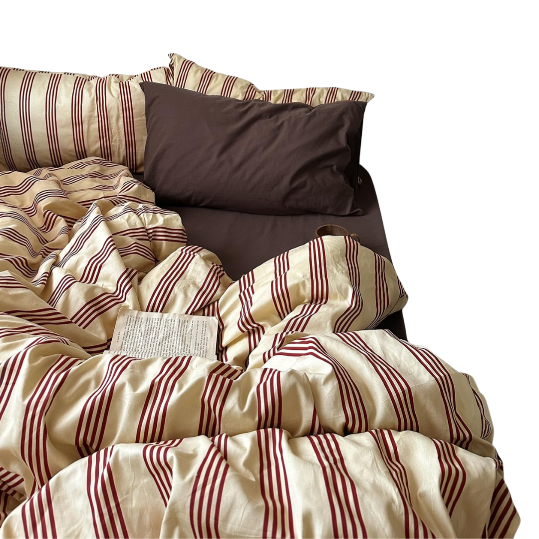 Mixinni Retro Striped Duvet Cover Set Full - 100% Natural Cotton 3-Piece Vintage Red Stripes Pattern Printed Bedding Set, Soft Breathable Comforter Cover With Zipper Closure &amp;amp; Corner Ties, Full Size