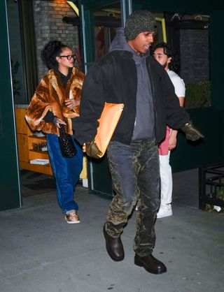 Rihanna and Asap Rocky on a date wearing a fur coat and bottega bag