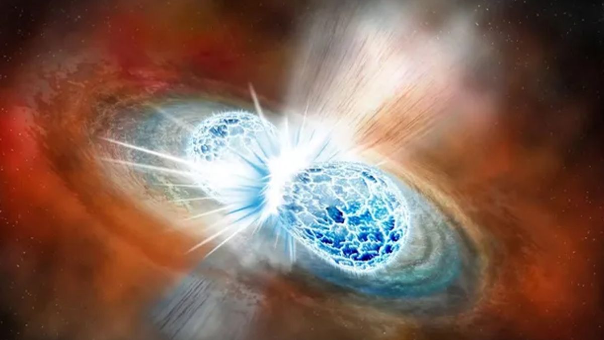 An illustration of two colliding neutron stars, a tremendously powerful event that could spell doom for life on Earth.