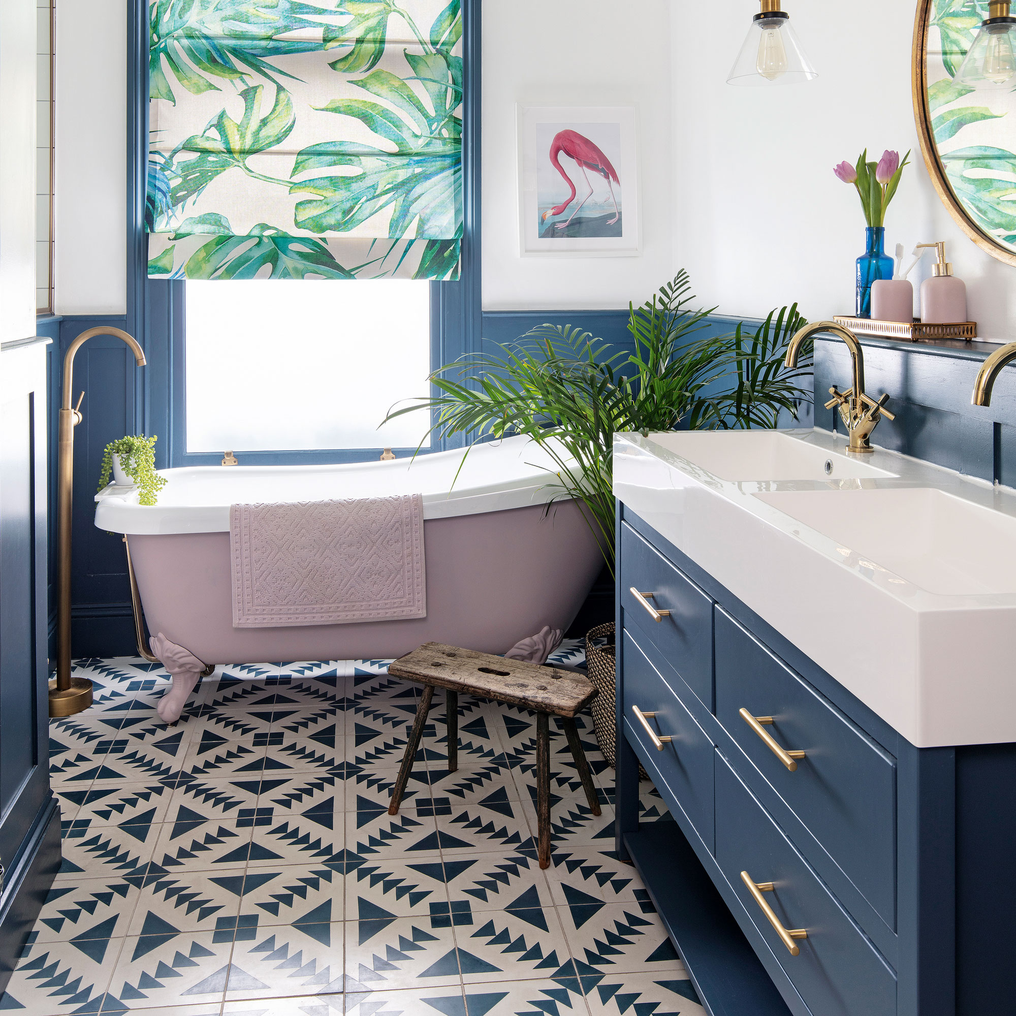 blue and beige bathroom decor