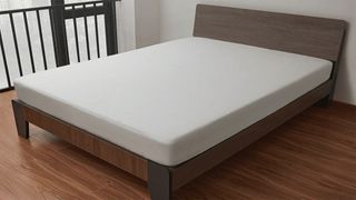 Coop Home Goods Ultra Tech Waterproof Mattress Protector on a white mattress placed on a black bedframe in front of a window overlooking a city