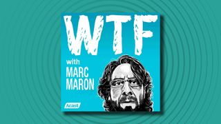 The logo of the WTF with Marc Maron podcast on a turquoise background