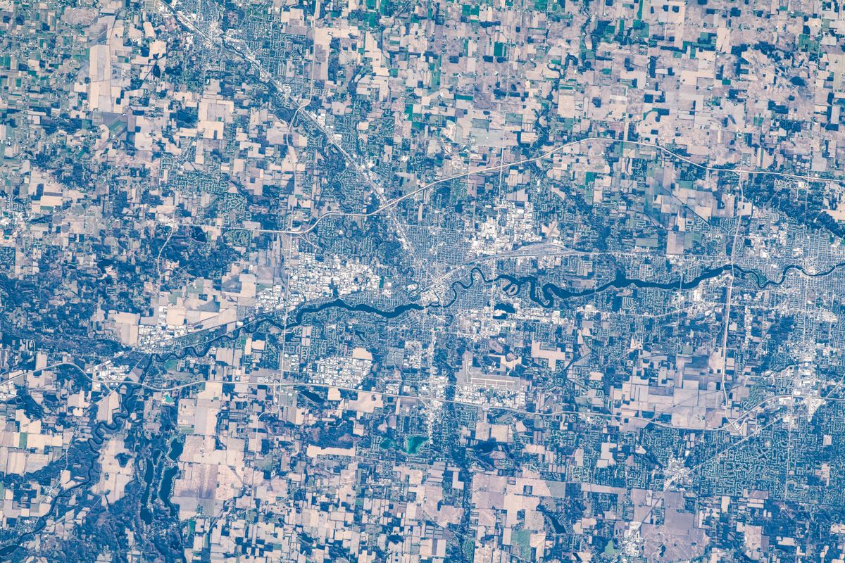 Elkhart, Indiana, split by the St. Joseph River (Image credit: NASA)