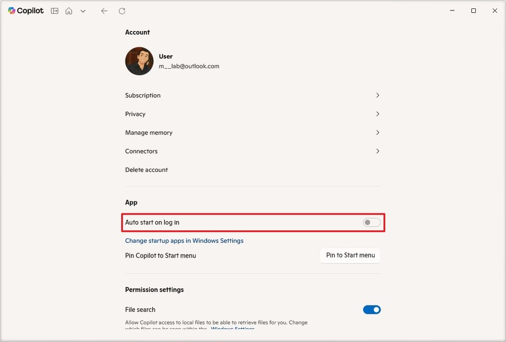 Copilot auto start on log in