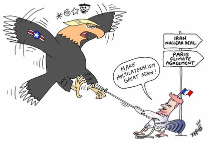 Political cartoon U.S. Trump Macron diplomacy Iran deal Paris climate agreement