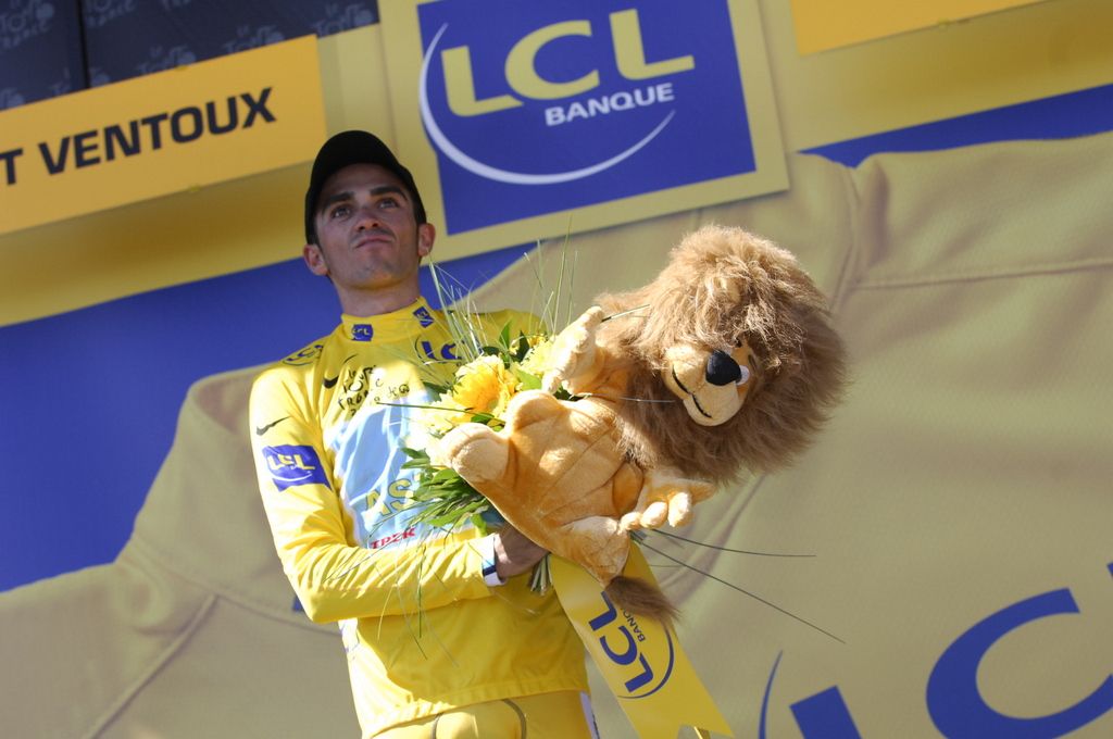 Alberto Contador taking in the moment after sealing his second Tour de France victory in 2009 after the summit finish on Mont Ventoux