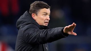 BURNLEY, ENGLAND - DECEMBER 02: Paul Heckingbottom, Manager of Sheffield United, gives the team instructions during the Premier League match between Burnley FC and Sheffield United at Turf Moor on December 02, 2023 in Burnley, England. (Photo by Nathan Stirk/Getty Images)