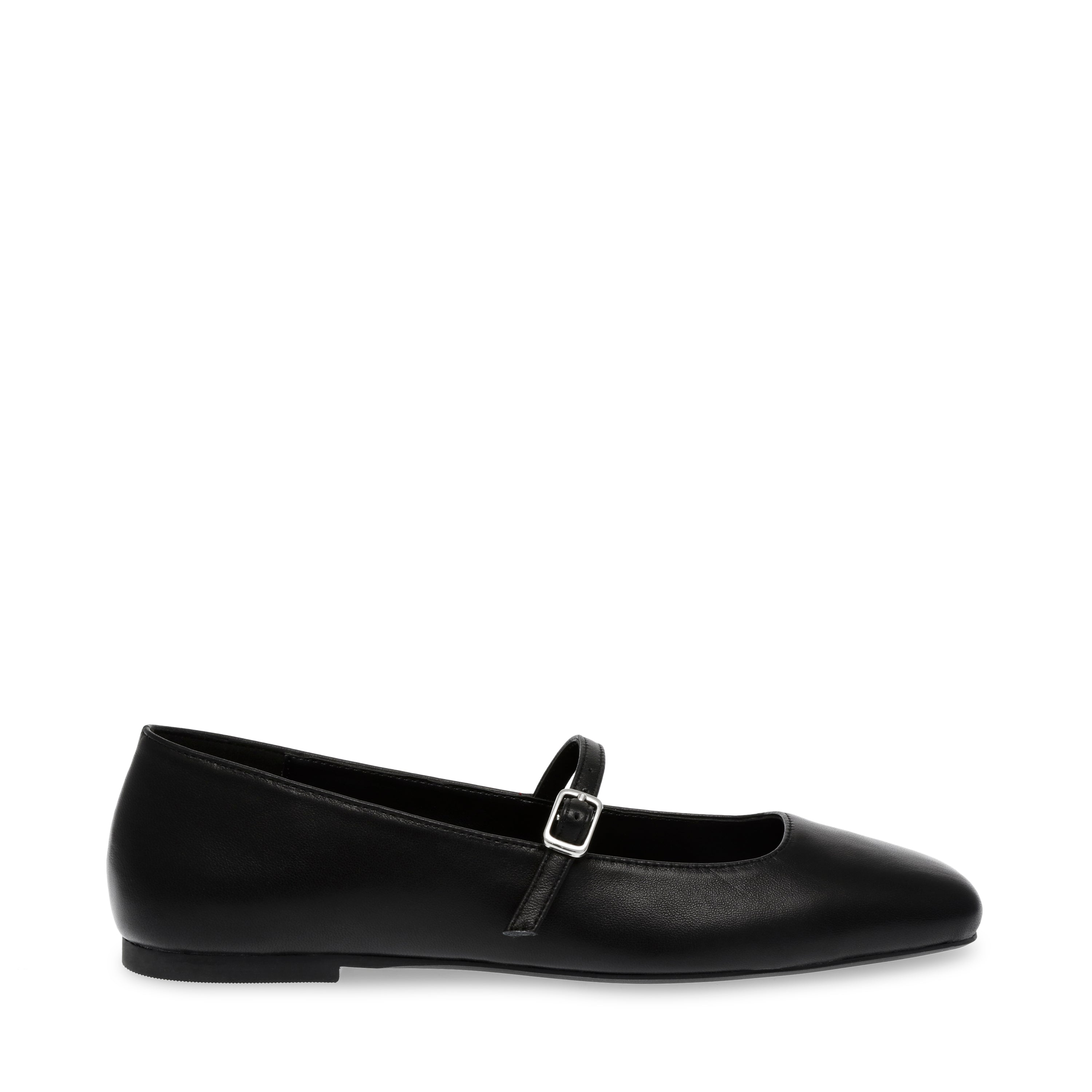 Black leather flat shoe with silver buckle detailing
