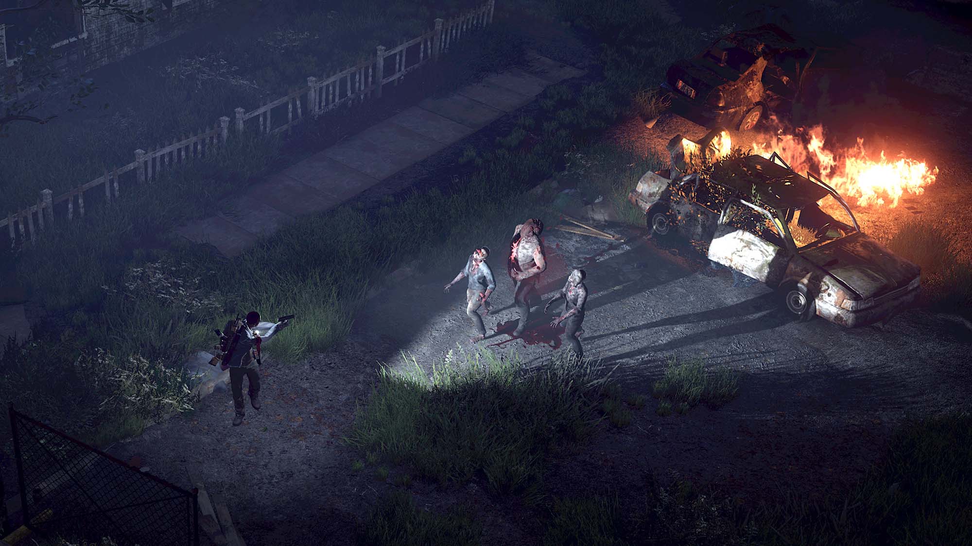 Een overlevende die wordt afgestoten door zombies in The Last Stand: Aftermath