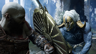 Kratos uses his shield to defend against a masked assailant in God of War: Ragnarok.