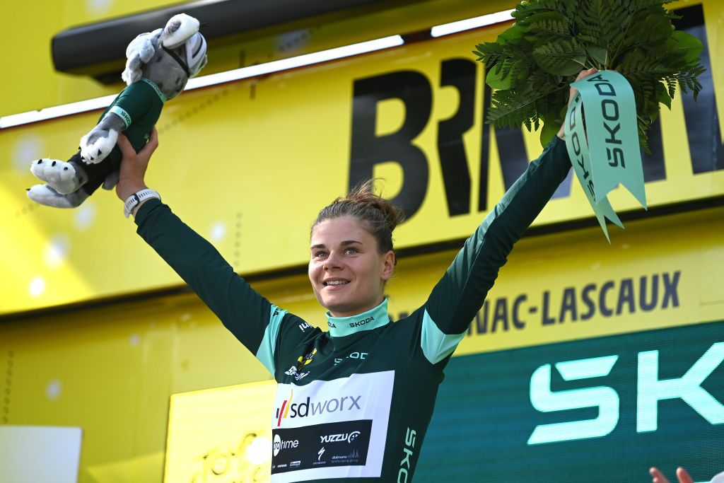 MONTIGNACLASCAUX FRANCE JULY 25 Lotte Kopecky of Belgium and Team SD Worx Protime celebrates at podium asGreen Points Jersey winner during the 2nd Tour de France Femmes 2023 Stage 3 a 1472km stage from CollongeslaRouge to MontignacLascaux UCIWWT on July 25 2023 in MontignacLascaux France Photo by Alex BroadwayGetty Images
