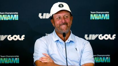 Phil Mickelson talks to the media before the 2022 LIV Golf Team Championship