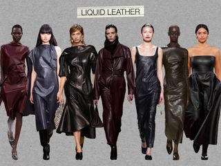 A collage of liquid leather outfits from the F/W 24 runways, including looks from Tod's, Proenza Schouler, Bottega Veneta, Hermès, FFORME, Bally, and Gabriela Hearst