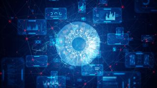 A CGI image of an eye surrounded by stats, metrics, charts, in blue and red, to represent computer vision.