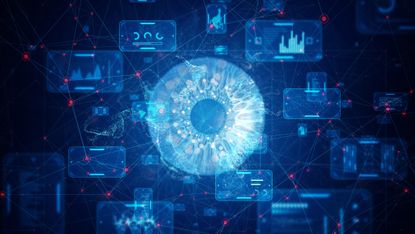 A CGI image of an eye surrounded by stats, metrics, charts, in blue and red, to represent computer vision.