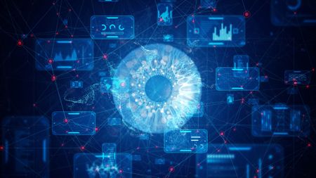A CGI image of an eye surrounded by stats, metrics, charts, in blue and red, to represent computer vision.