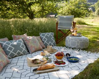 garden picnic with cushions and outdoor rug from weaver green