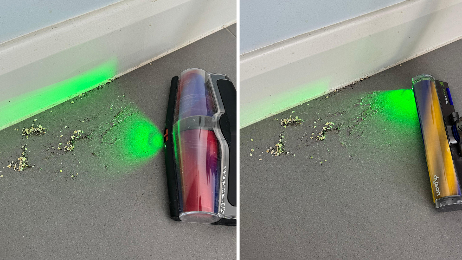 The All Floors Cones Sense floorhead (left) and Digital Fluffy floorhead (right) with their lasers illuminating dirt on a hard floor