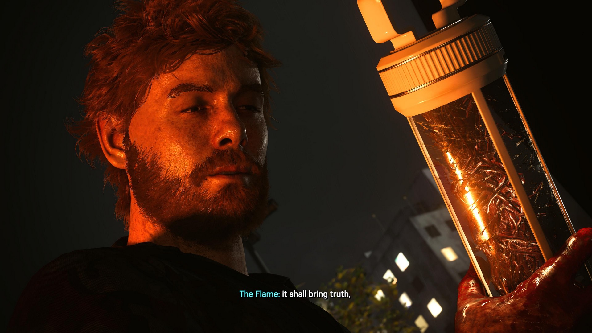 The Flame from a sidequest in Spider-Man 2, with messy, tousled red hair, looks at a red symbiote in a tube with his arm also looking goopy and red, referencing Carnage