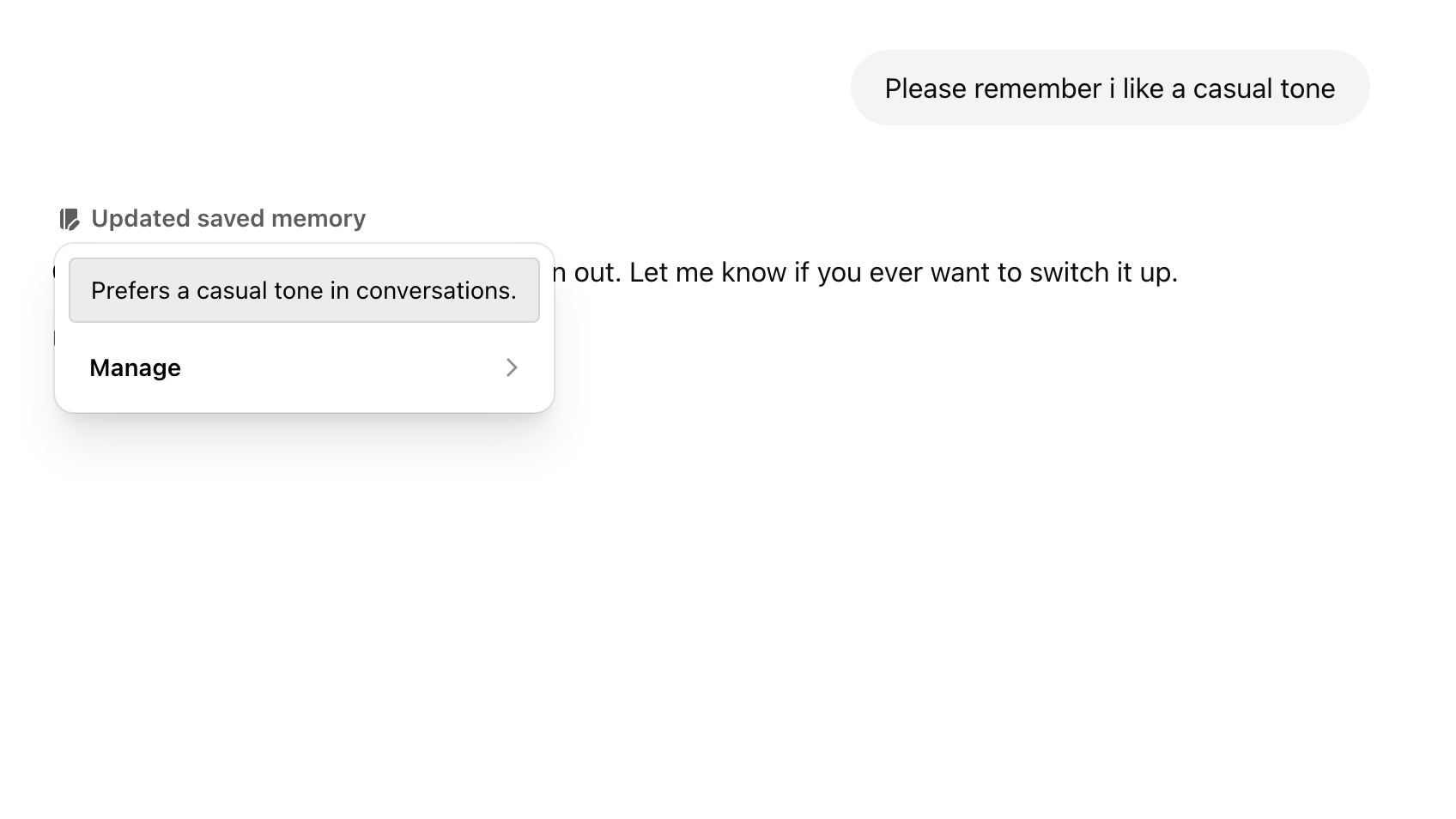 A screenshot of the memory updating on chatgpt