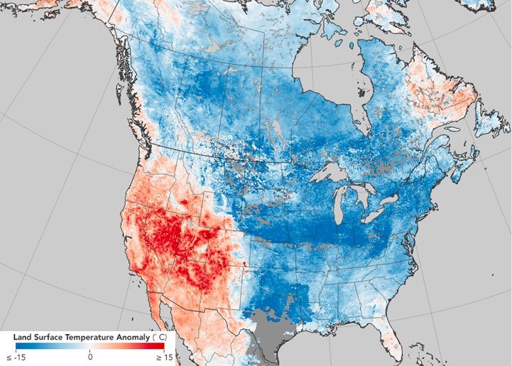 This temperature anomaly map is based on data from the Moderate Resolution Imaging Spectroradiometer on NASA&#039;s Terra satellite. It shows land surface temperatures from Dec. 26, 2017 to Jan. 2, 2018, compared with the 2001–2010 average for the same eight-d