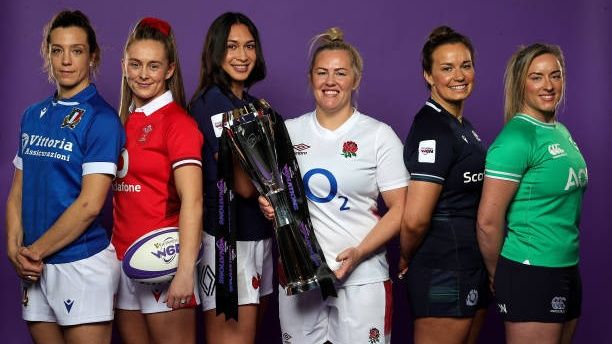 L-R) Elisa Giordano, Italy captain, Hannah Jones, Wales captain, Manae Feleu, France captain, Marlie Packer, England captain, Rachel Malcolm, Scotland captain and Edel McMahon, the Ireland captain pose with the Six Nations trophy during Guinness Women&#039;s Six Nations Launch 2024 