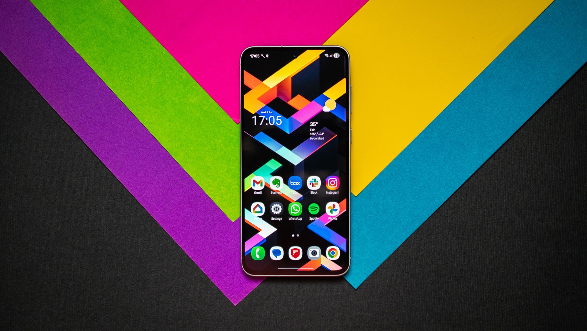 Samsung Galaxy A56 against a colorful background