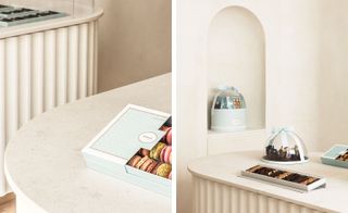 Macaroons & chocolate boxes on counter