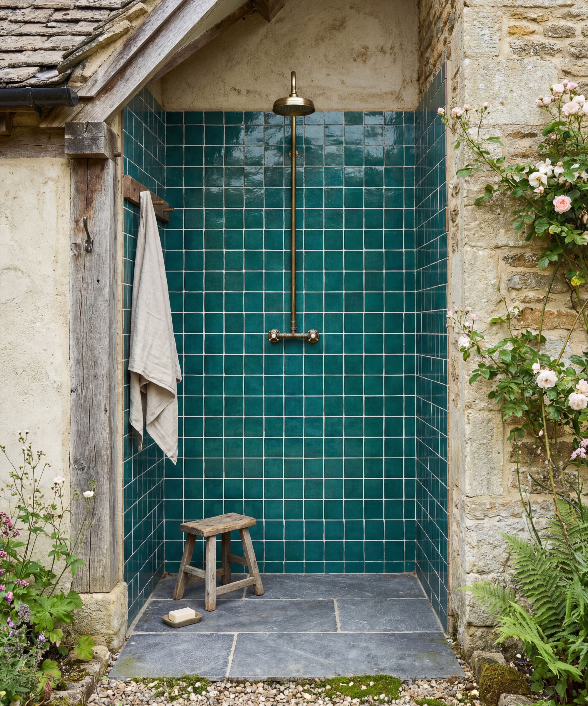 A teal glazed square-tiled outdoor shower set into a Cotswold stone outbuilding, with a brass rainfall head, slate floor, wooden stool and climbing roses alongside.