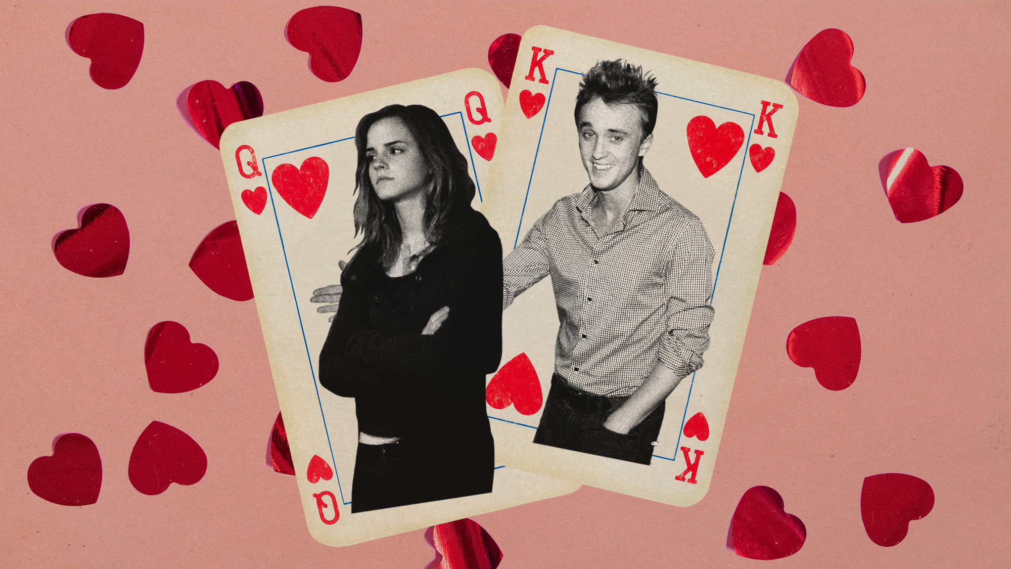 Photo collage of Emma Watson and Tom Felton as teenagers, pasted into playing cards of the queen and king of hearts, with heart shaped confetti in the background. 