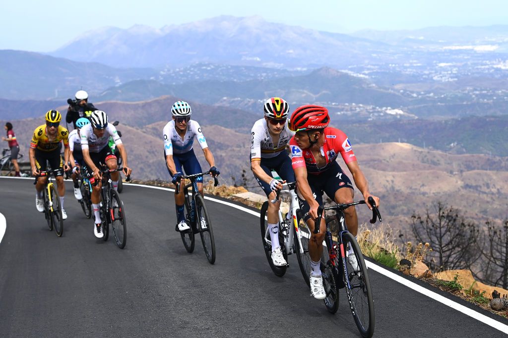 ESTEPONA SPAIN SEPTEMBER 01 Remco Evenepoel of Belgium and Team QuickStep Alpha Vinyl Red Leader Jersey leads the group of favourites with Miguel ngel Lpez Moreno of Colombia and Team Astana Qazaqstan Primoz Roglic of Slovenia and Team Jumbo Visma Juan Ayuso Pesquera of Spain and UAE Team Emirates White Best Young Rider Jersey Enric Mas Nicolau of Spain and Movistar Team and Carlos Rodriguez Cano of Spain and Team INEOS Grenadiers during the 77th Tour of Spain 2022 Stage 12 a 1927km stage from Salobrea Peas Blancas Estepona 1260m LaVuelta22 WorldTour on September 01 2022 in Estepona Spain Photo by Tim de WaeleGetty Images