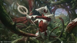A Phyrexian battles vine-like creatures in March of the Machine