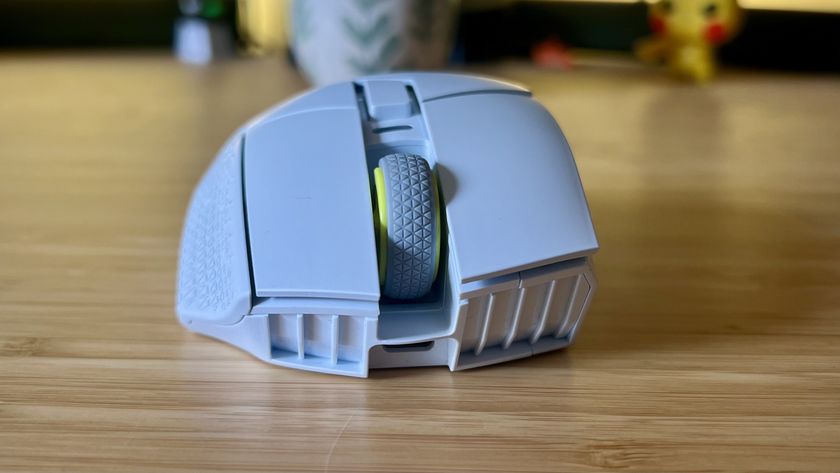 Front of Corsair Scimitar Elite Wireless SE gaming mouse showing main clicks and grill effect underneath