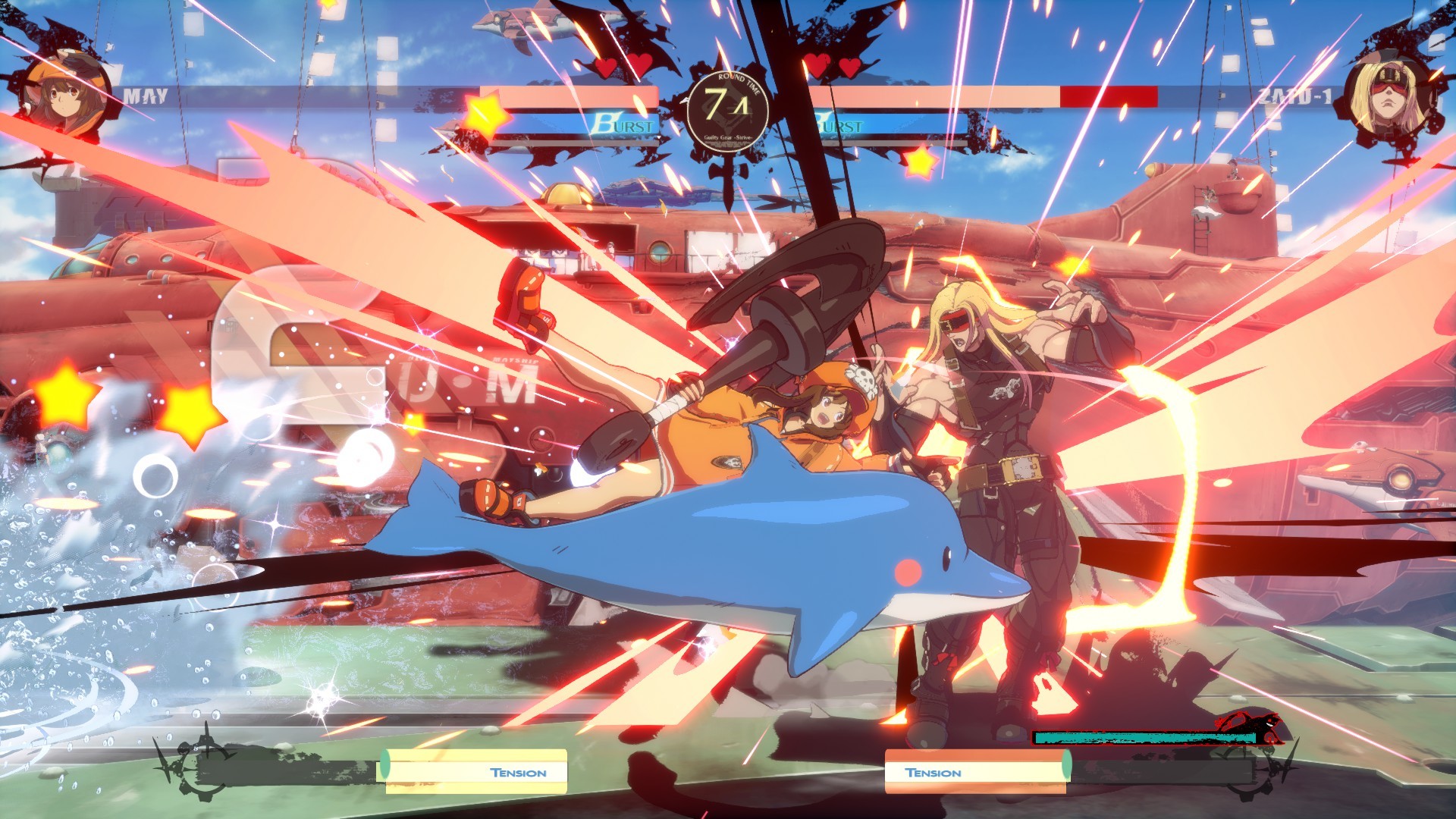 May fights against ZAPD-1 with a dolphin on Guilty Gear: Strive