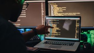 Coding vs programming - woman pointing at laptop screen displaying code
