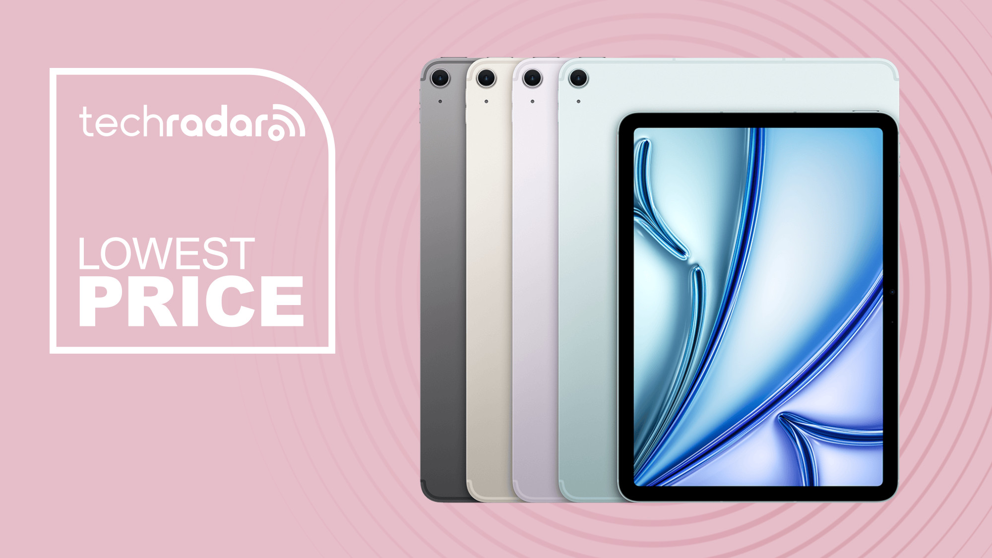 Apple iPad Air 11 in various colors on pink background with lowest price text overlay