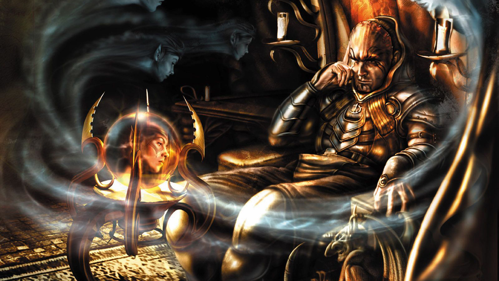 Baldur's Gate II bad guy Jon Irenicus sitting in a throne