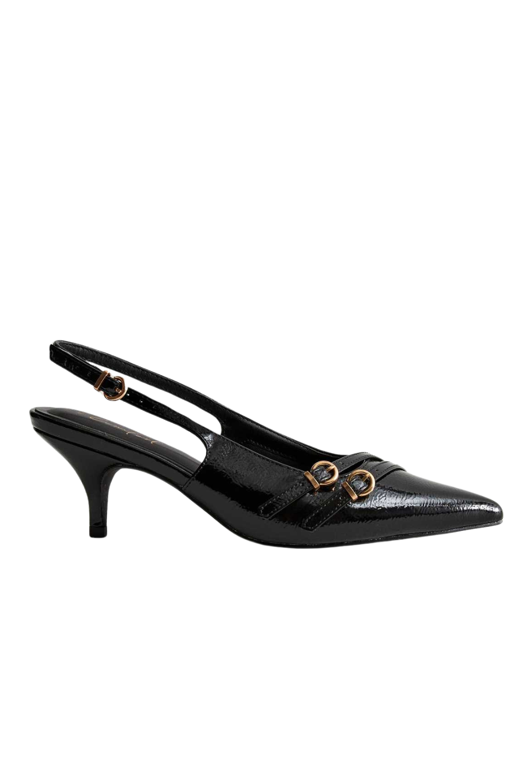 Black Patent Pointed Slingback Kitten Heel Court Shoes