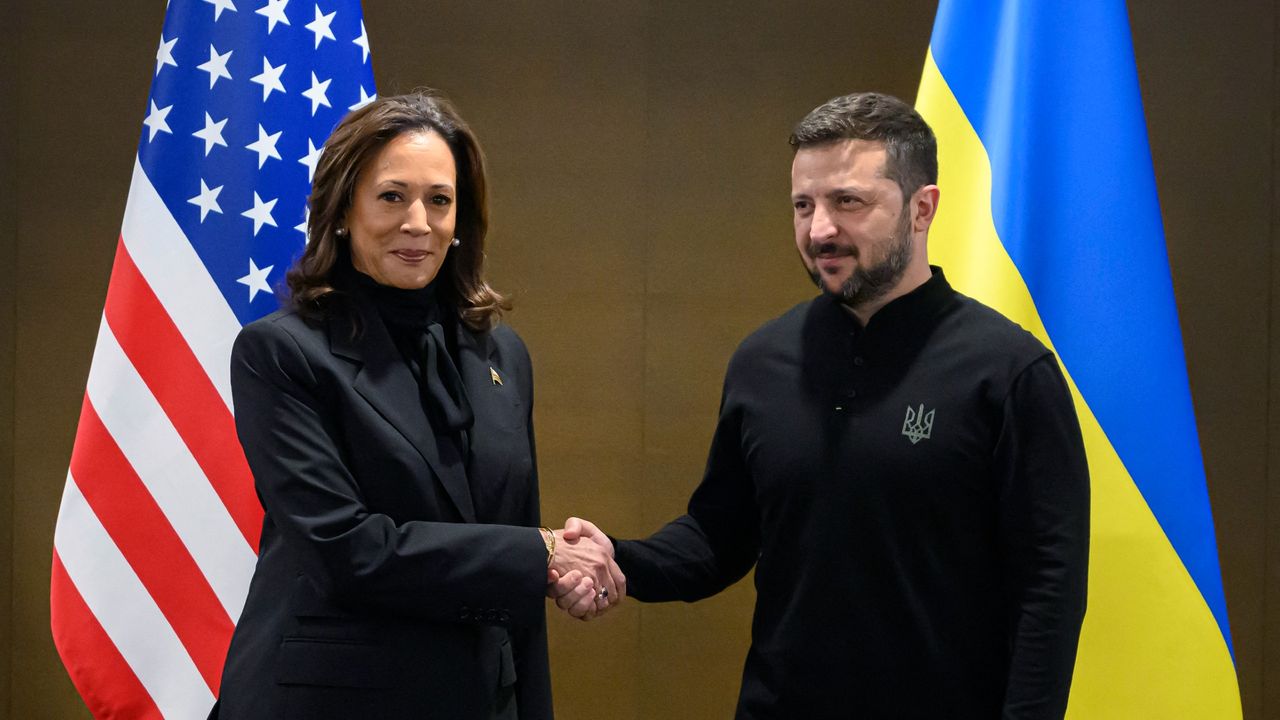 kamala harris shaking hands with Ukrainian president Volodymyr Zelenskyy in front of flags of each of their countries