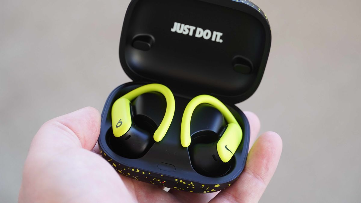 The Nike Special Edition variant of the Powerbeats Pro 2 in a volt and matte black colorway.