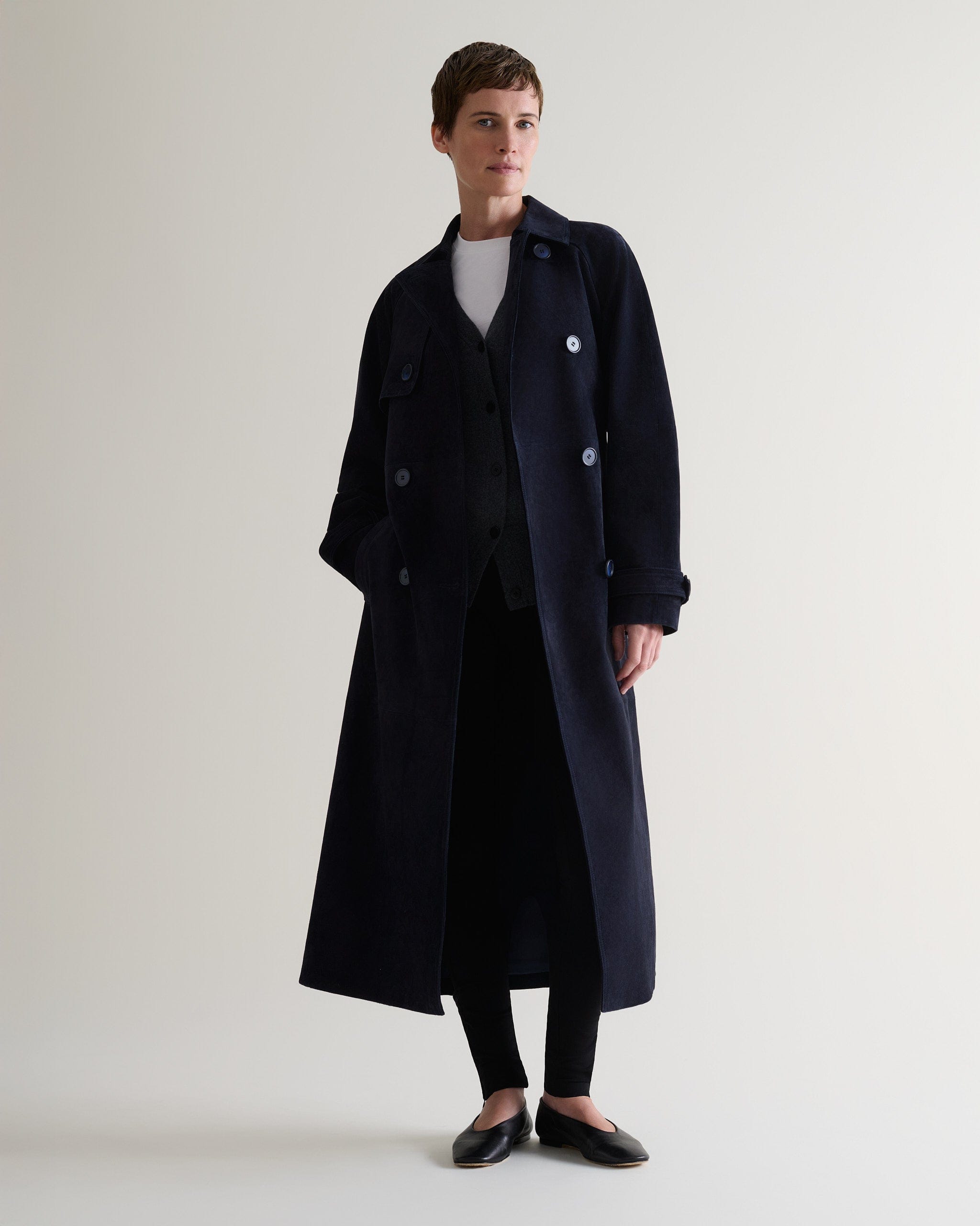 Suede Trench Coat - Navy
