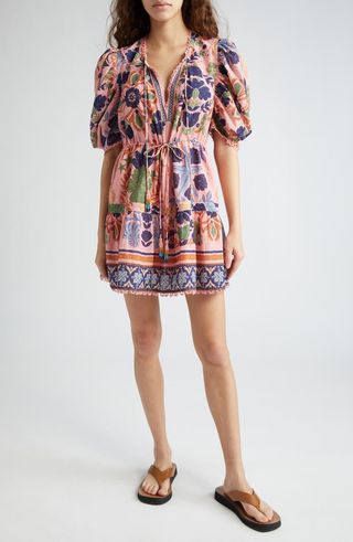Seashell Tapestry Floral Clip Dot Puff Sleeve Minidress
